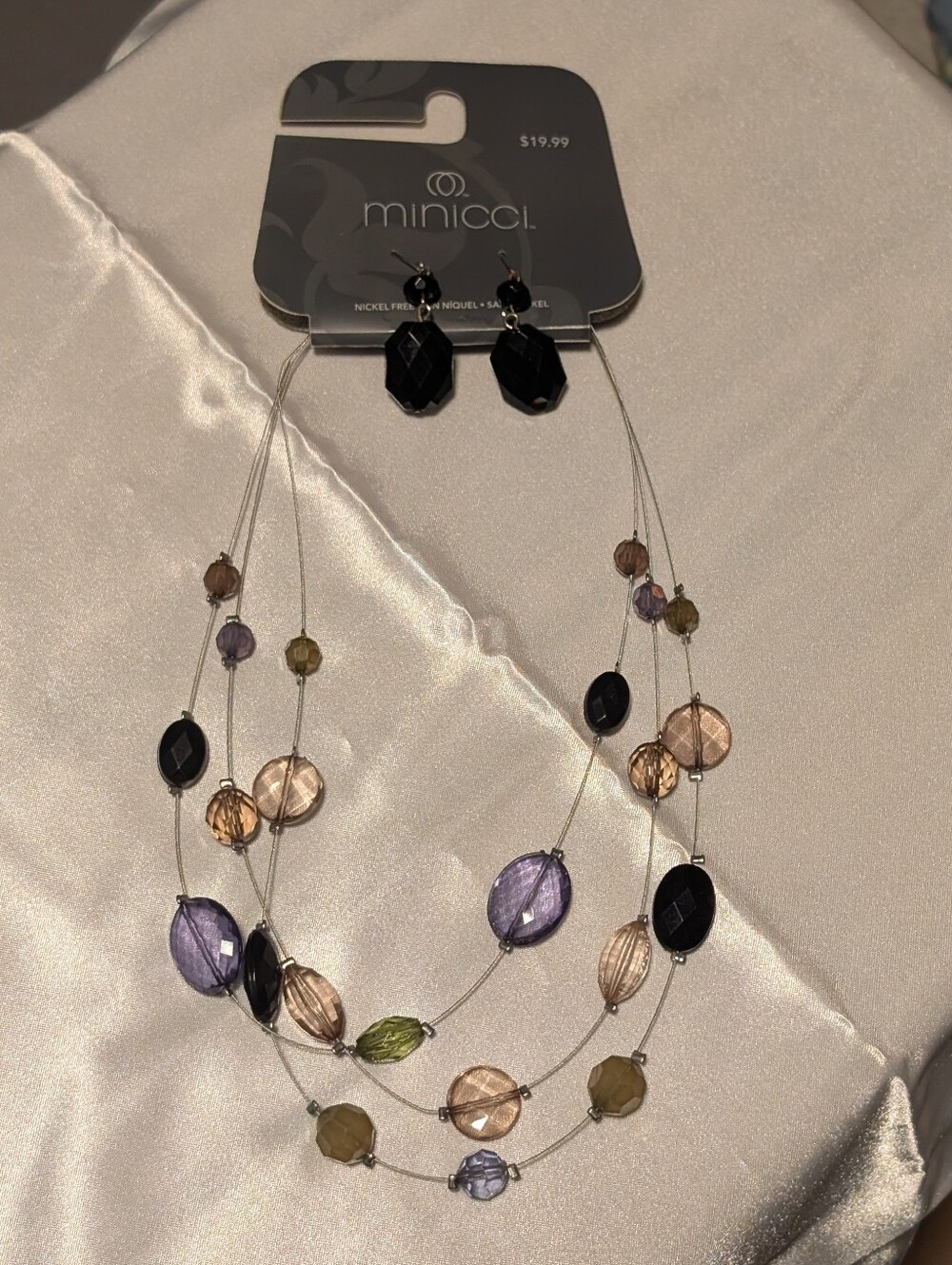 NWT minicci 3-Strand Layered Illusion Statement Necklace & Earrings Set